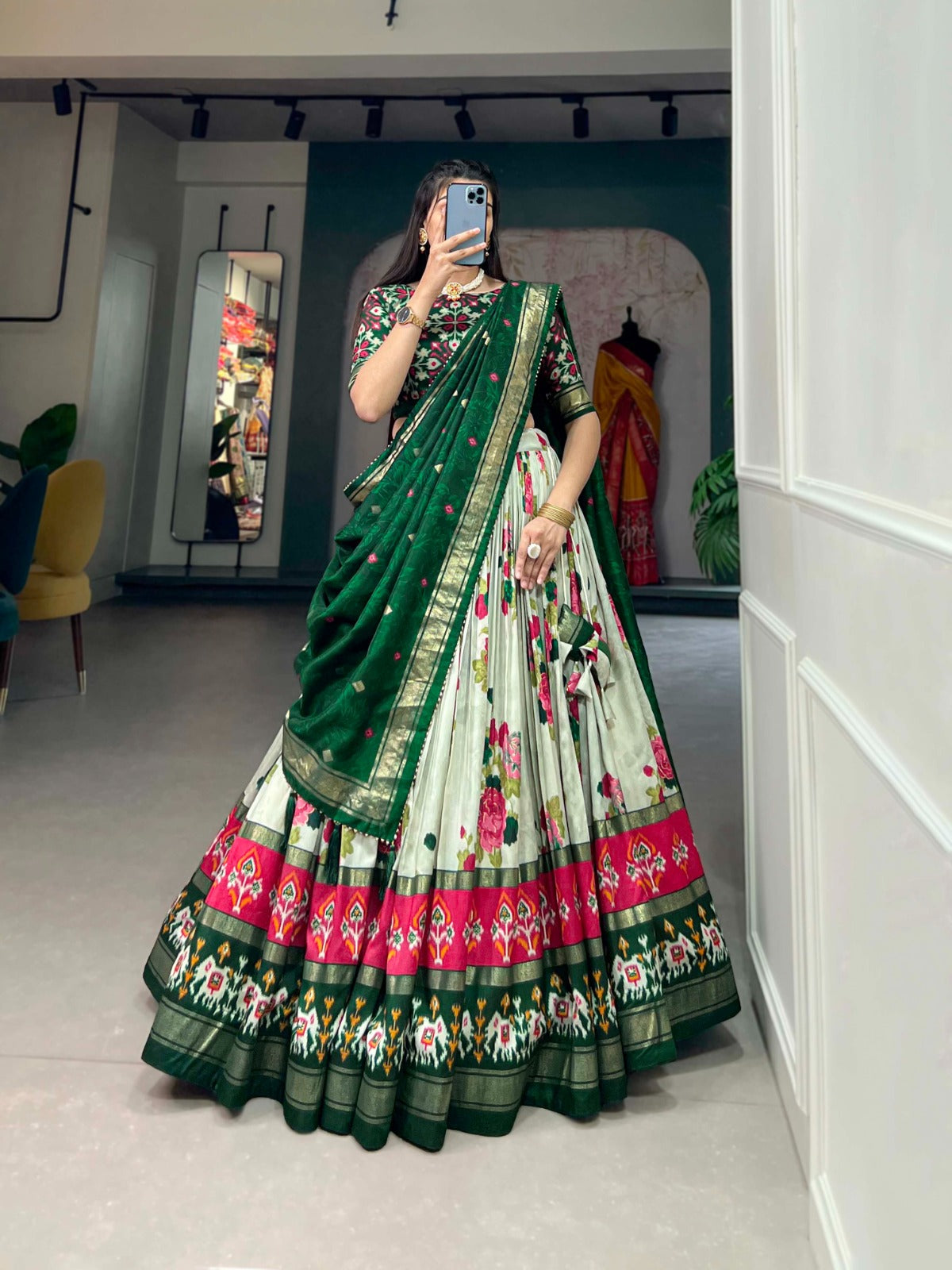 Exquisite Floral Fantasy: Tusser Silk Lehenga Choli with Intricate Print and Dupatta