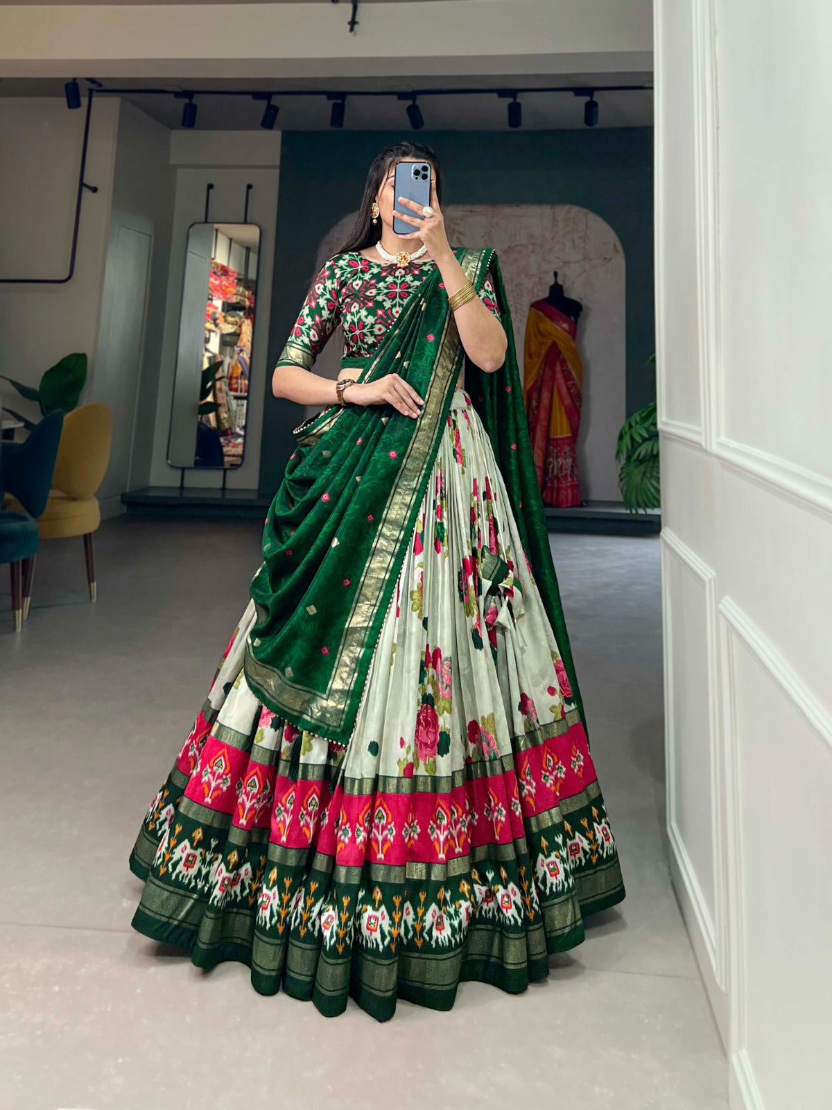 Exquisite Floral Fantasy: Tusser Silk Lehenga Choli with Intricate Print and Dupatta