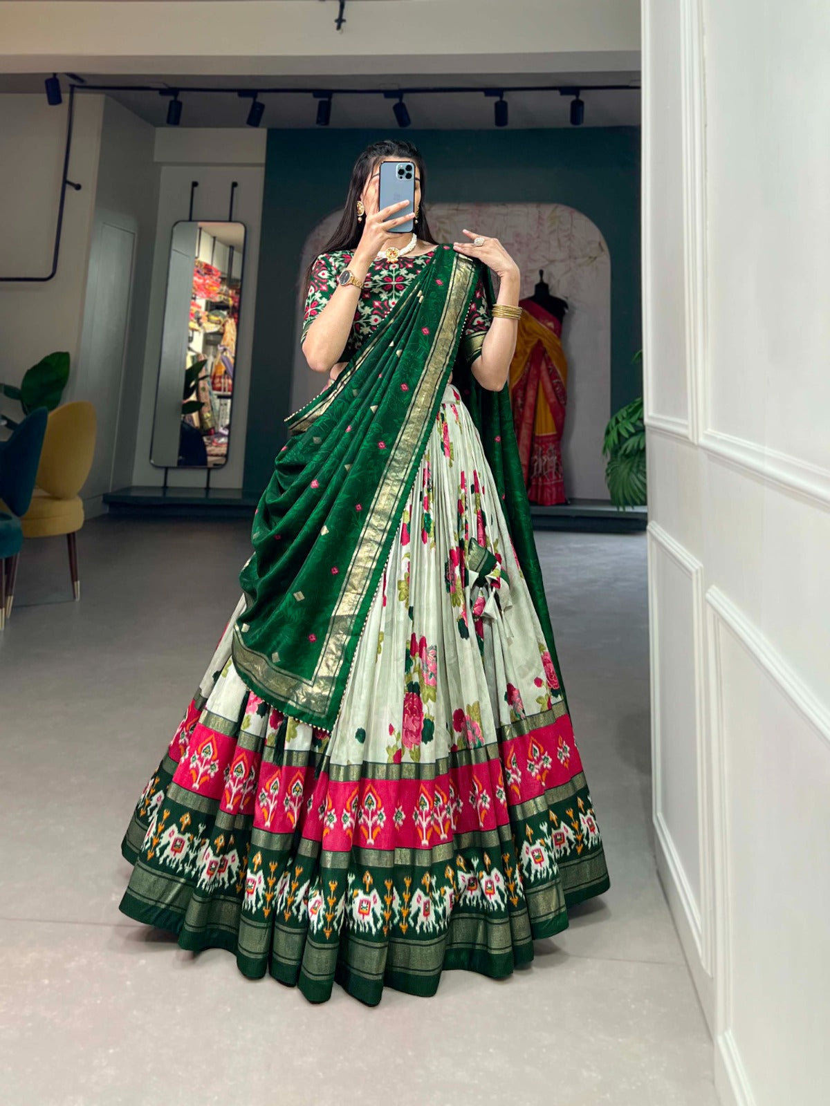 Exquisite Floral Fantasy: Tusser Silk Lehenga Choli with Intricate Print and Dupatta