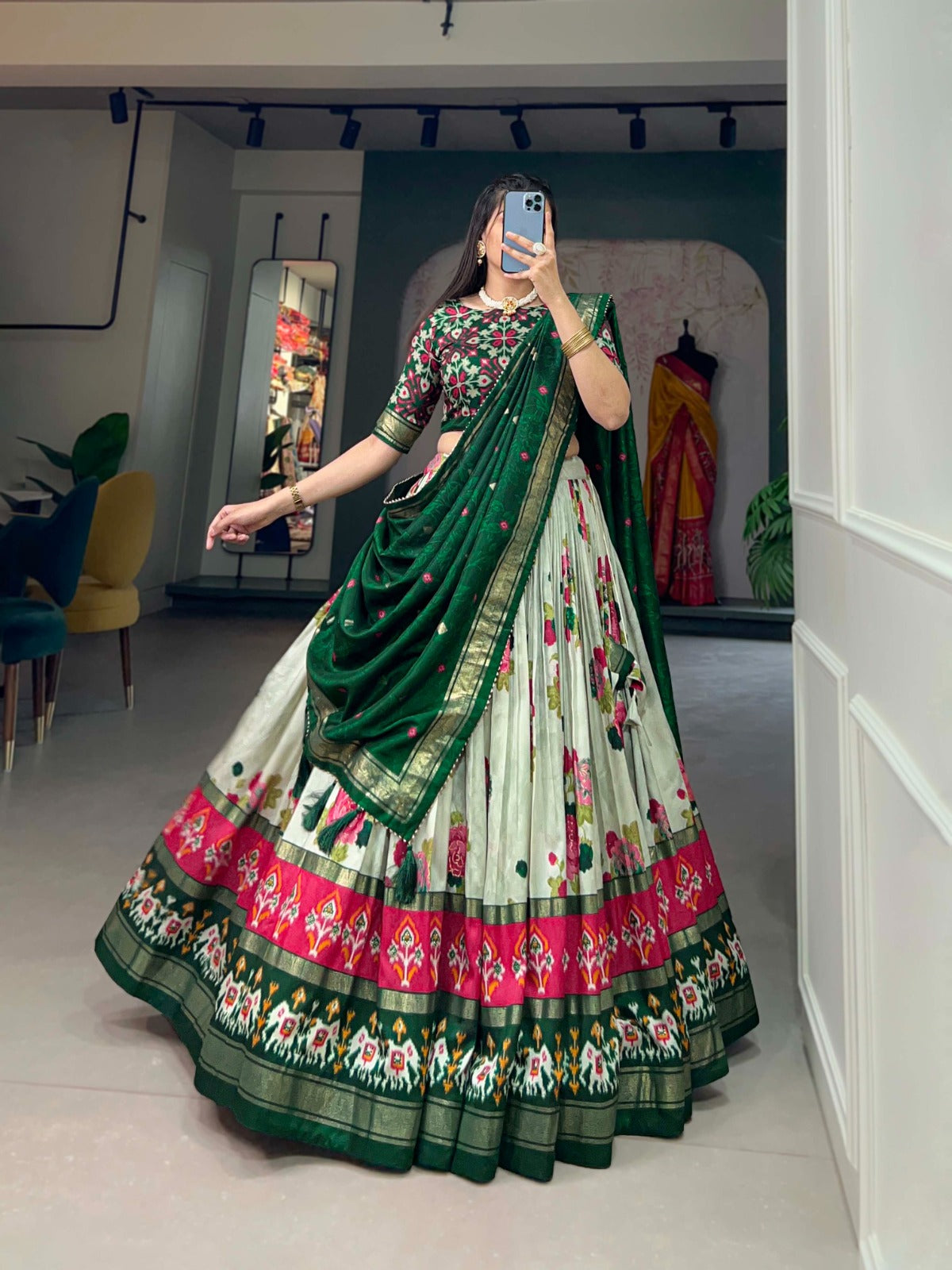 Exquisite Floral Fantasy: Tusser Silk Lehenga Choli with Intricate Print and Dupatta