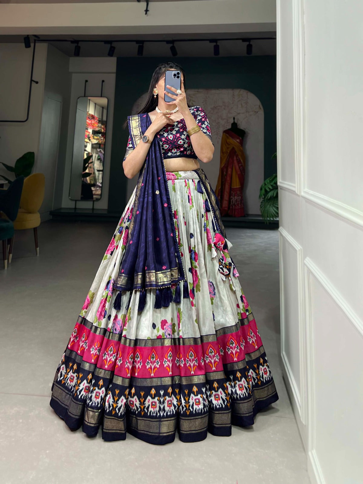 xquisite Floral Fantasy: Tusser Silk Lehenga Choli with Intricate Print and Dupatta