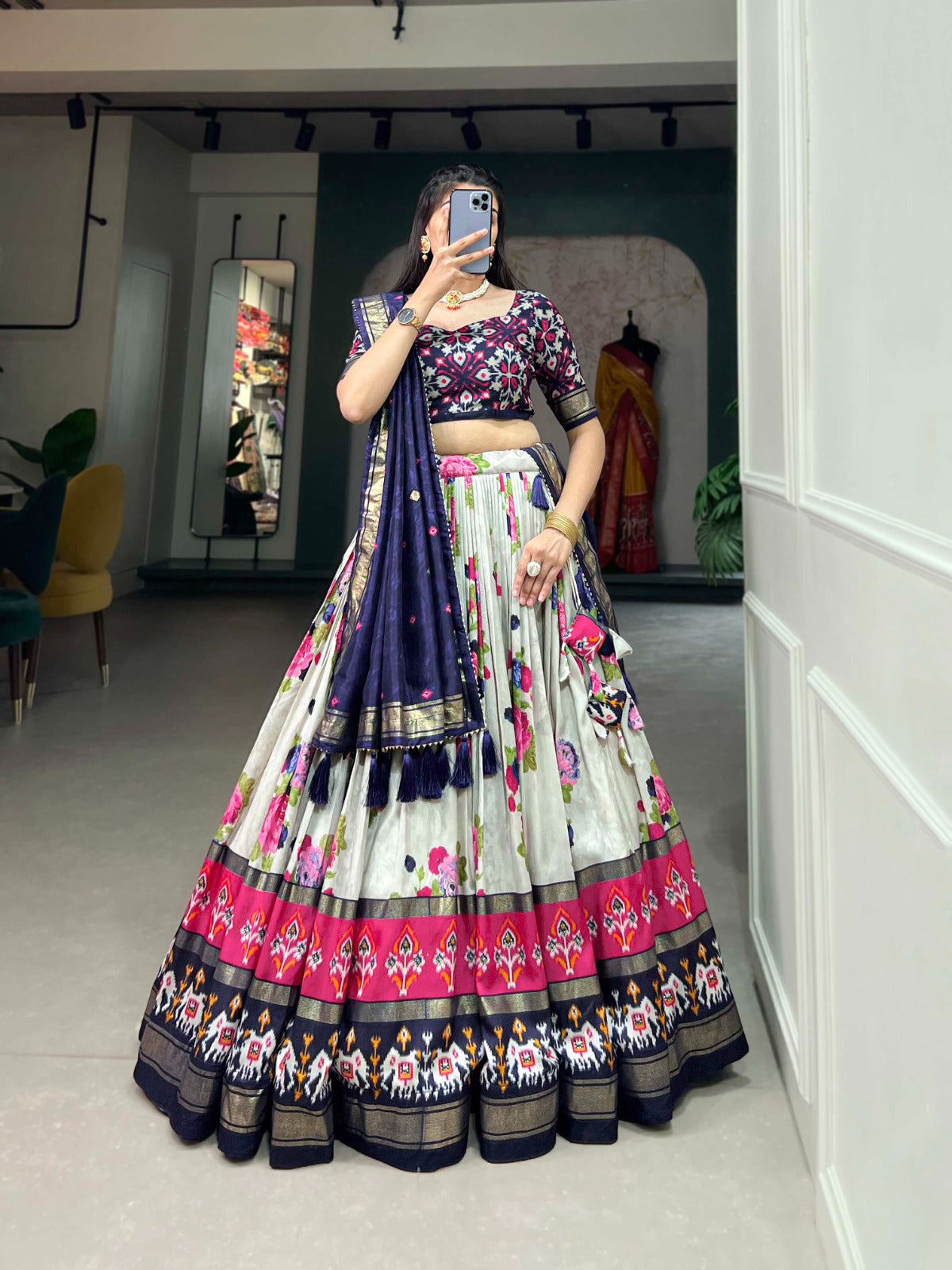 xquisite Floral Fantasy: Tusser Silk Lehenga Choli with Intricate Print and Dupatta