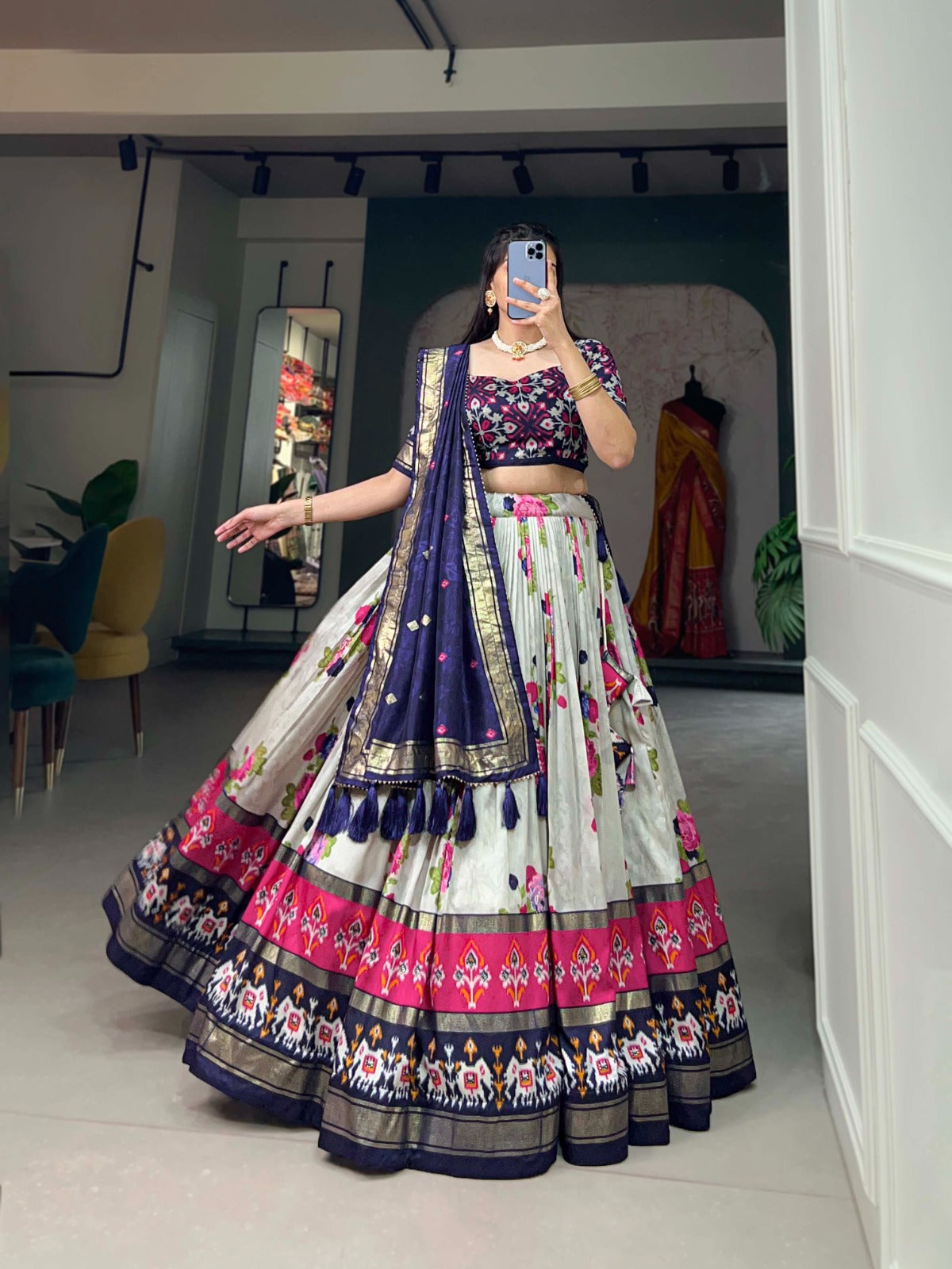 xquisite Floral Fantasy: Tusser Silk Lehenga Choli with Intricate Print and Dupatta