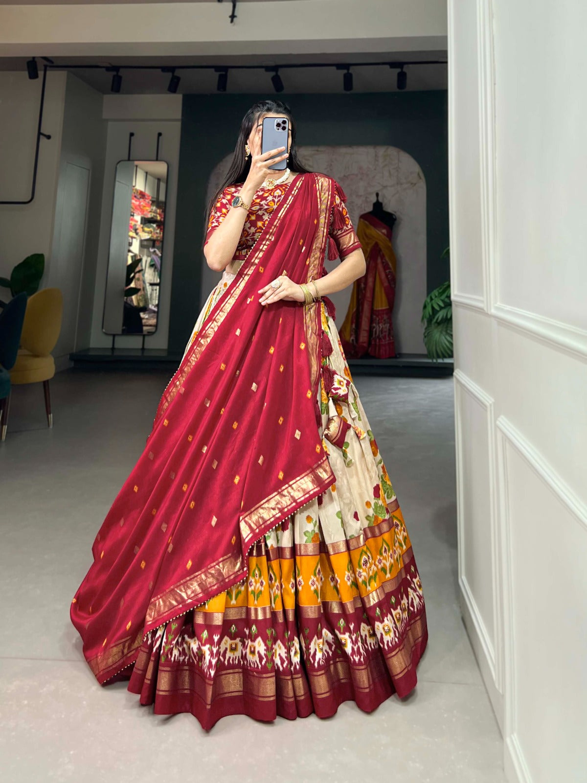 Exquisite Floral Fantasy: Tusser Silk Lehenga Choli with Intricate Print and Dupatta