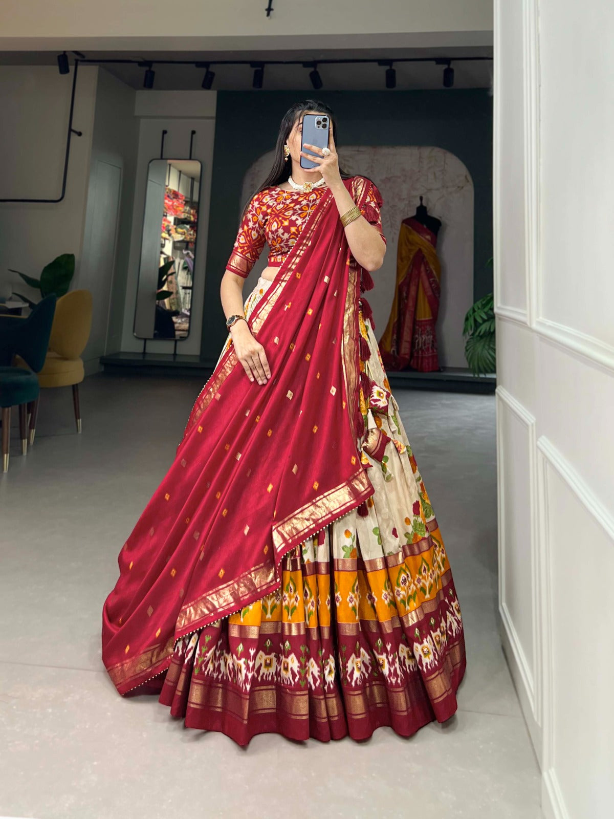Exquisite Floral Fantasy: Tusser Silk Lehenga Choli with Intricate Print and Dupatta