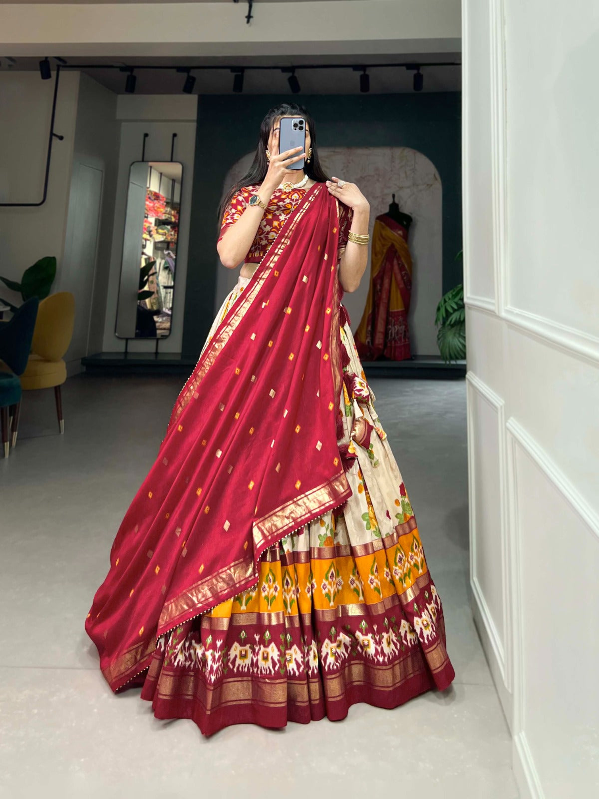 Exquisite Floral Fantasy: Tusser Silk Lehenga Choli with Intricate Print and Dupatta