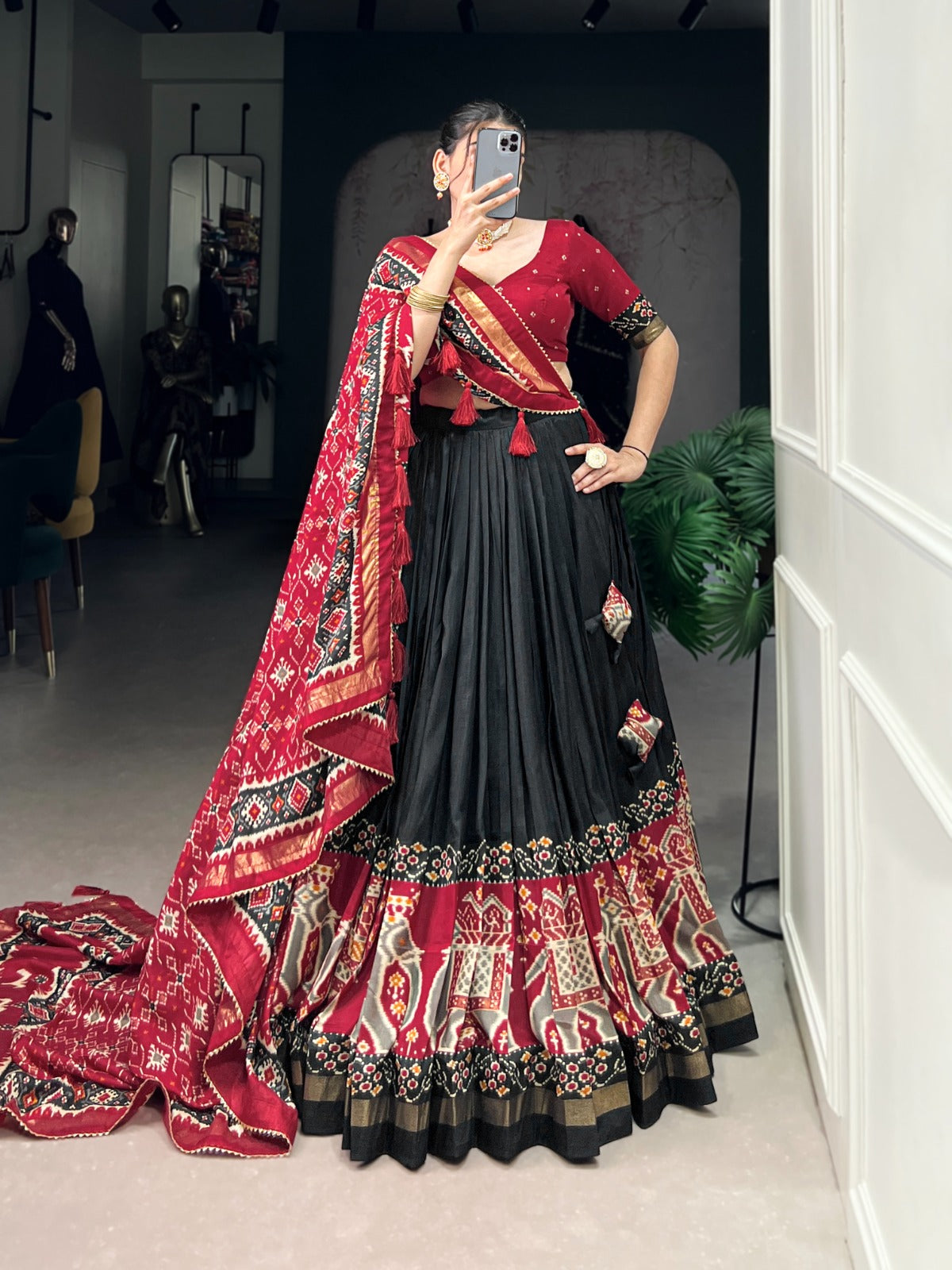 Complete Ethnic Look with Floral Print Tusser Silk Lehenga and Tassels