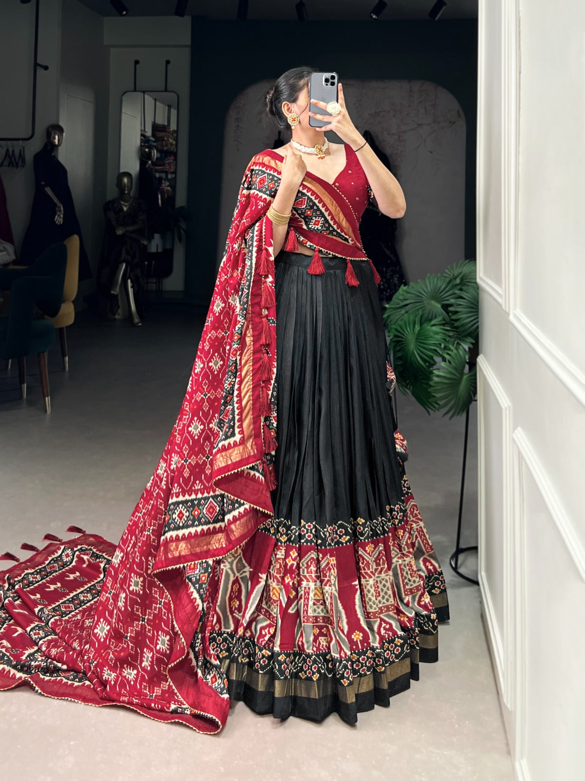 Complete Ethnic Look with Floral Print Tusser Silk Lehenga and Tassels