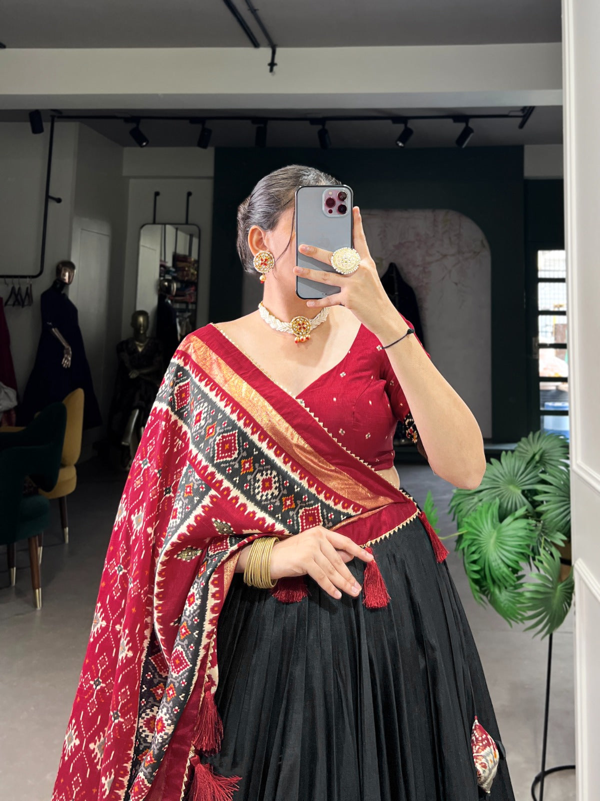 Complete Ethnic Look with Floral Print Tusser Silk Lehenga and Tassels
