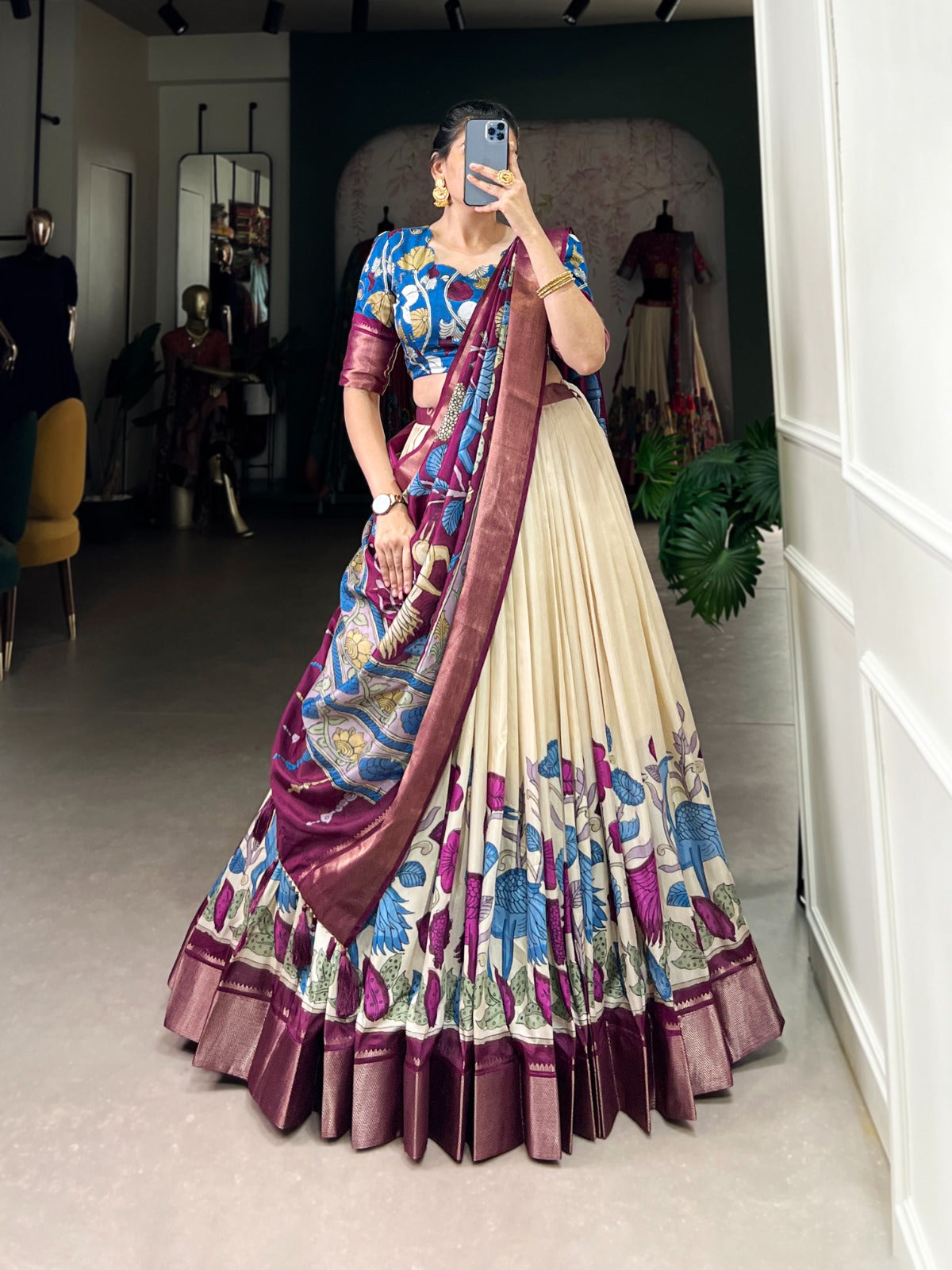 Flared Floral Foil Work Lehenga with Silk Blouse and Tassel Dupatta