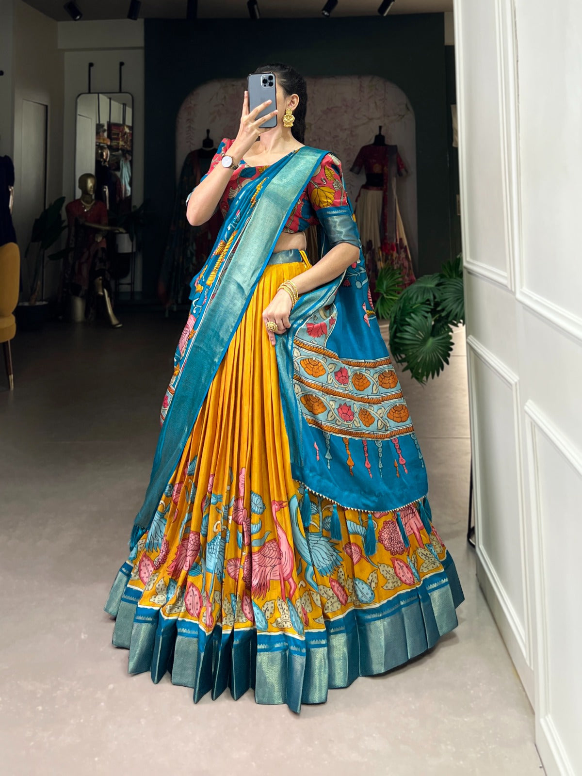 Flared Floral Foil Work Lehenga with Silk Blouse and Tassel Dupatta