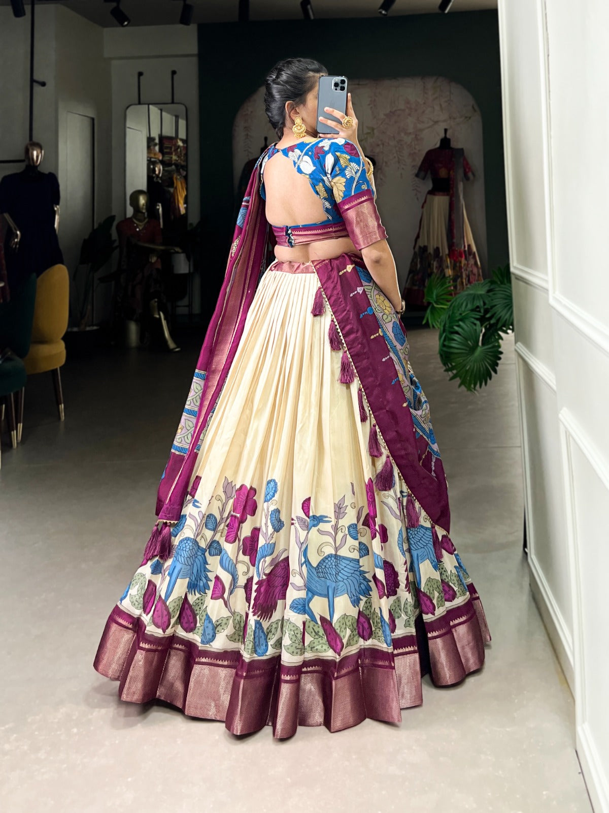 Flared Floral Foil Work Lehenga with Silk Blouse and Tassel Dupatta