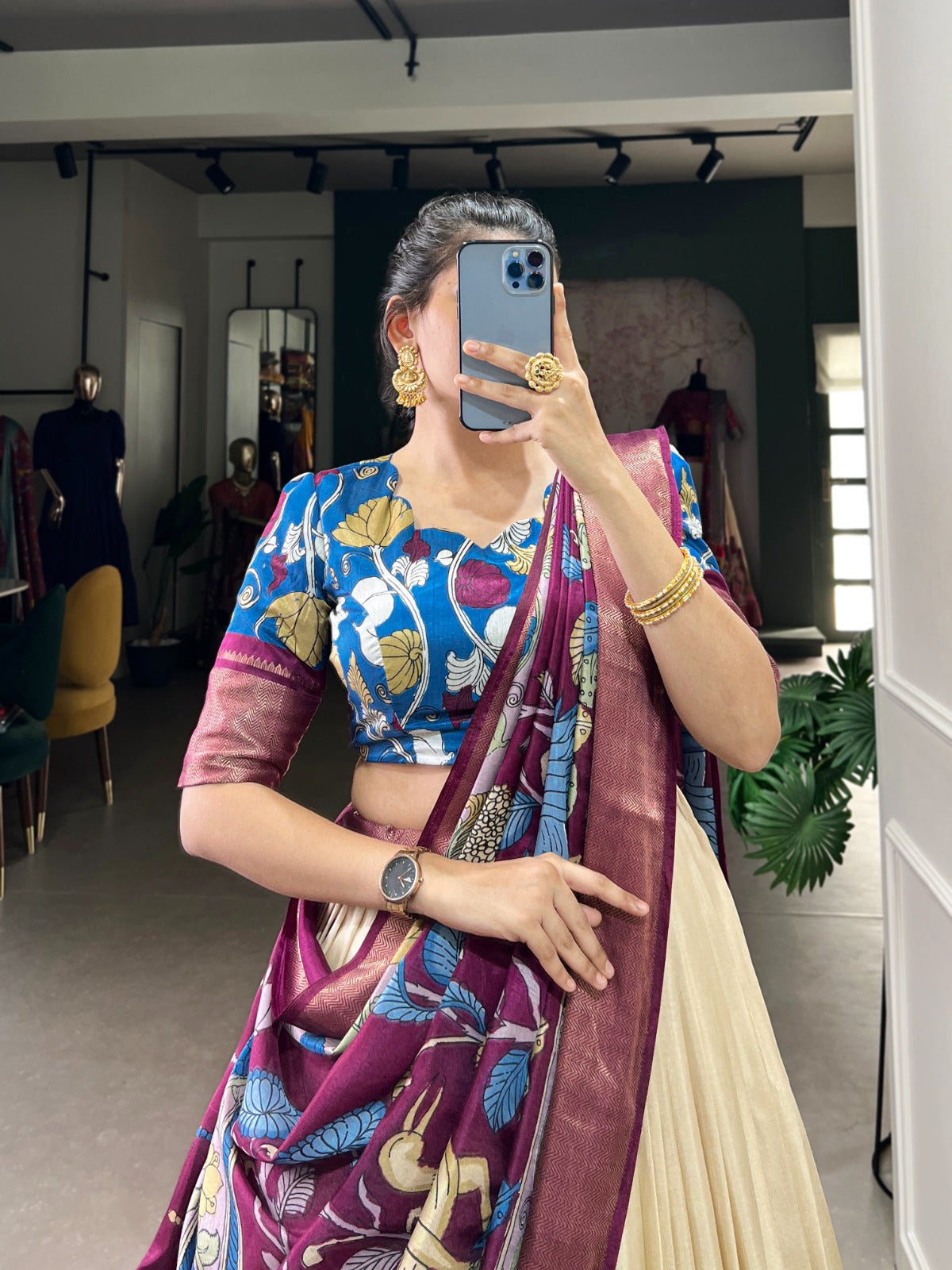 Flared Floral Foil Work Lehenga with Silk Blouse and Tassel Dupatta