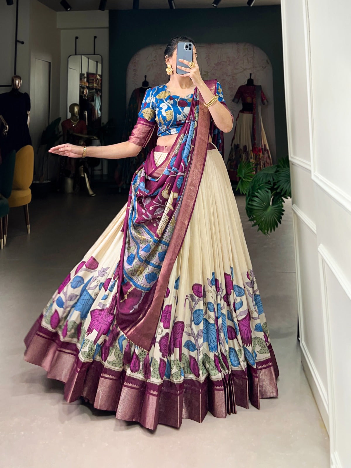 Flared Floral Foil Work Lehenga with Silk Blouse and Tassel Dupatta