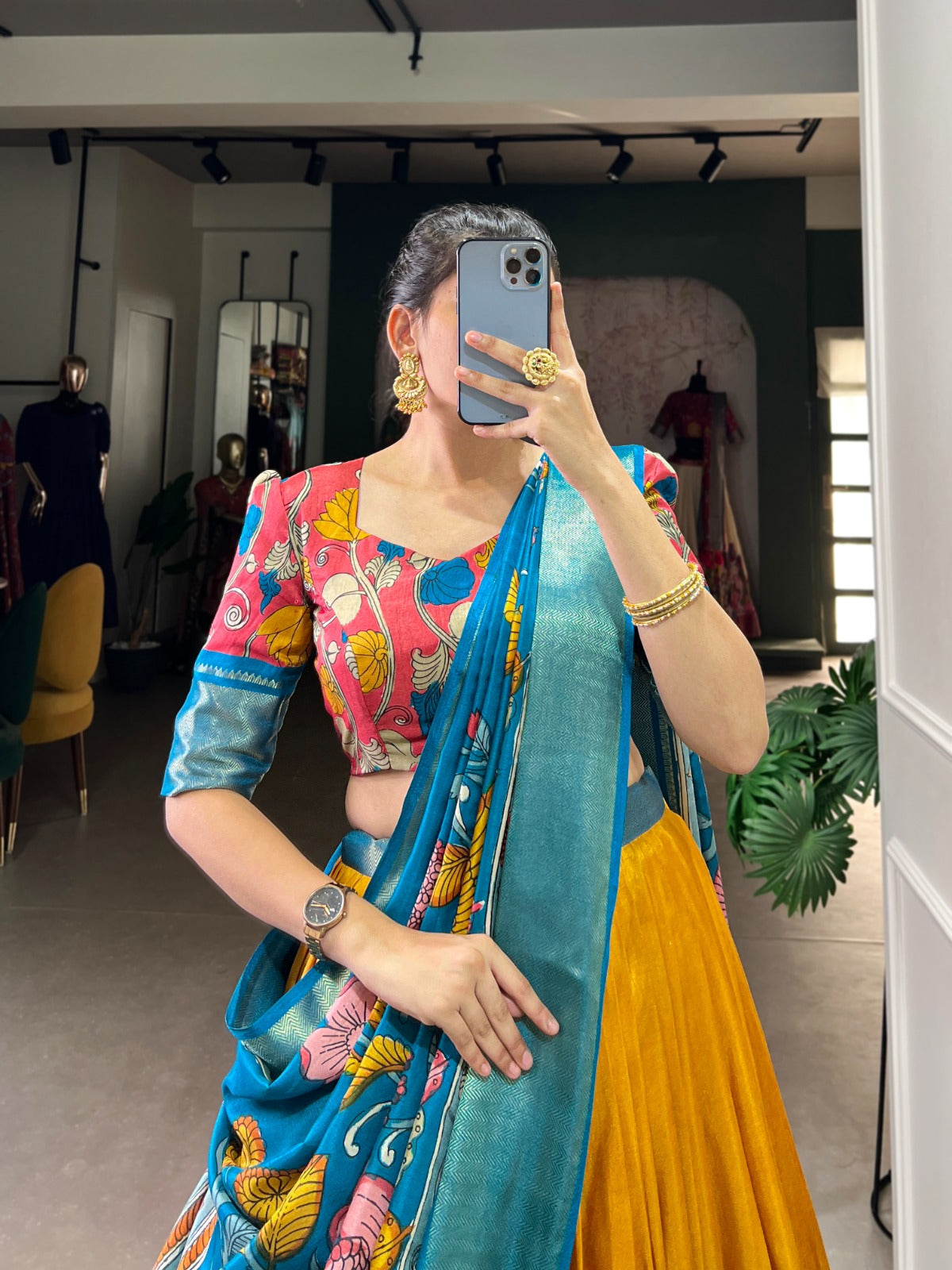 Flared Floral Foil Work Lehenga with Silk Blouse and Tassel Dupatta