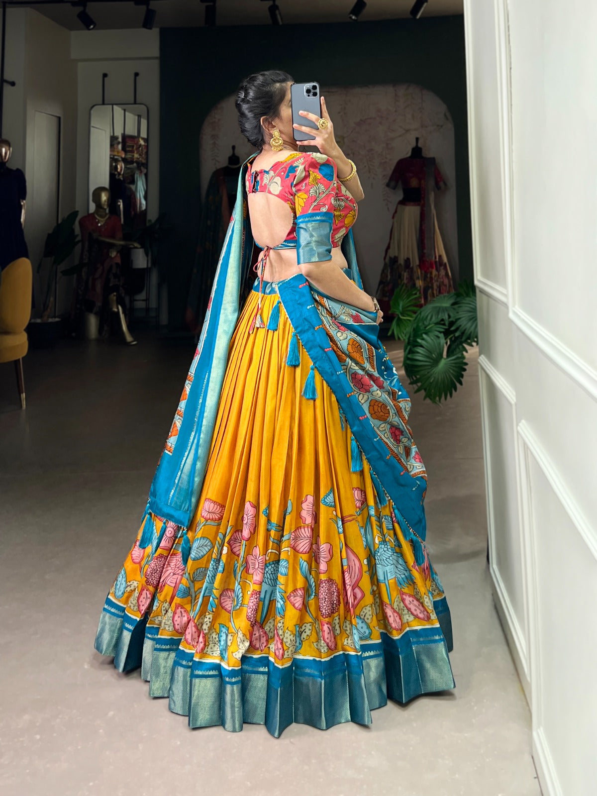 Flared Floral Foil Work Lehenga with Silk Blouse and Tassel Dupatta