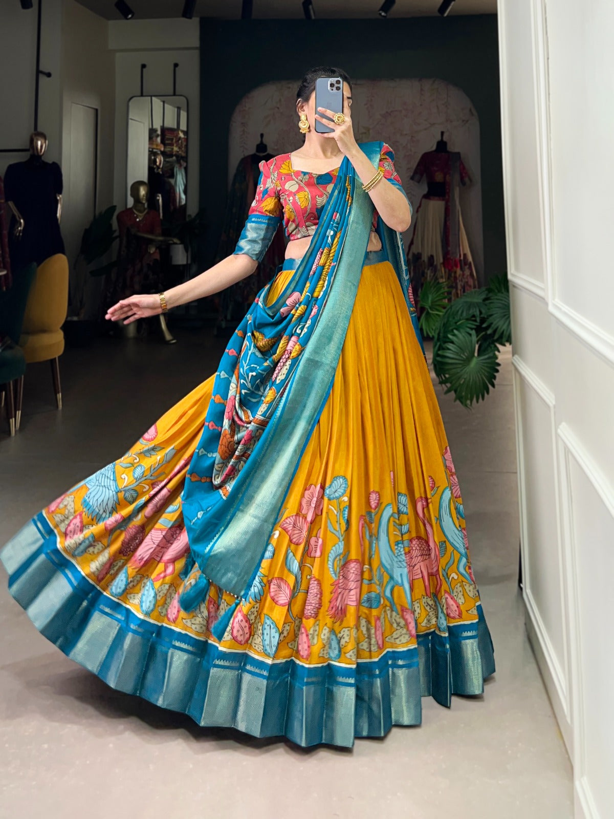 Flared Floral Foil Work Lehenga with Silk Blouse and Tassel Dupatta