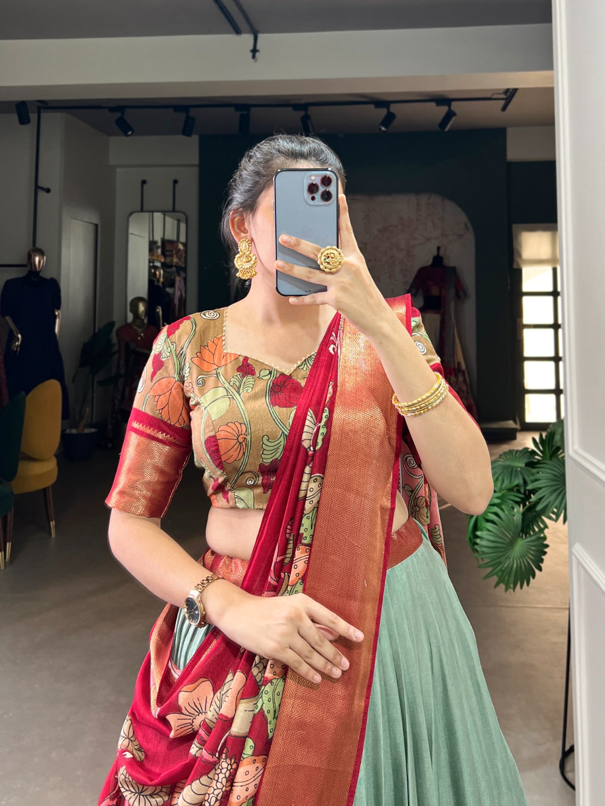 Flared Floral Foil Work Lehenga with Silk Blouse and Tassel Dupatta