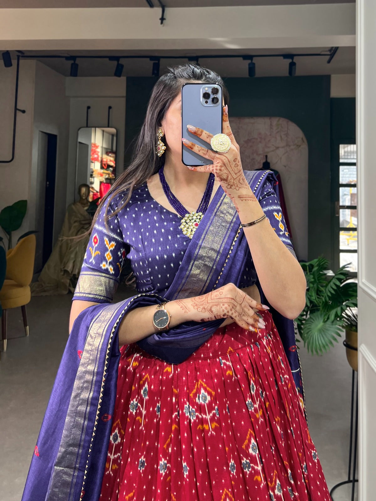 Complete Ethnic Look with Floral Print Tusser Silk Lehenga and Tassels