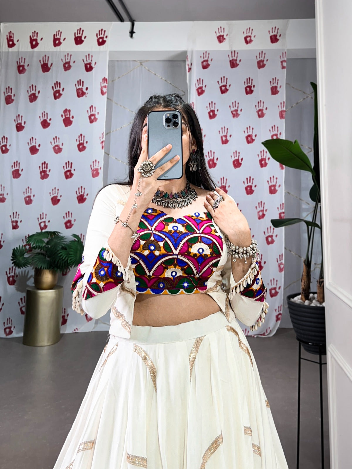 Complete Ethnic Look with Floral Print Tusser Silk Lehenga and Tassels (Copy)