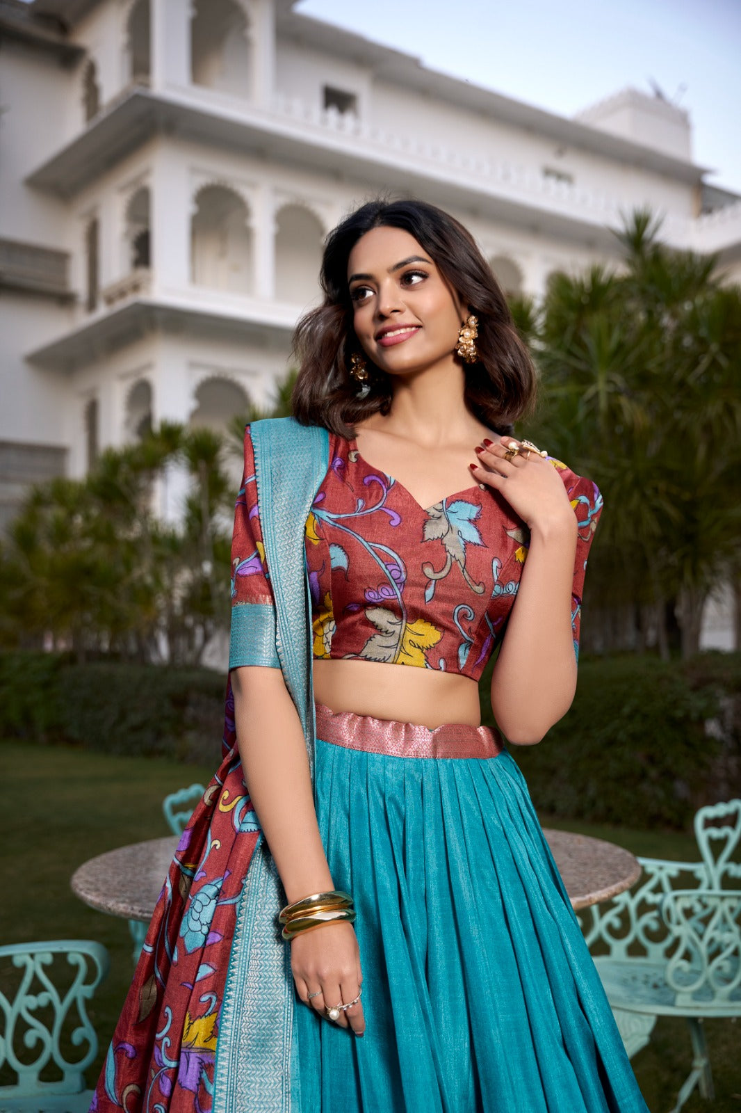 Complete Ethnic Look with Floral Print Tusser Silk Lehenga and Tassels