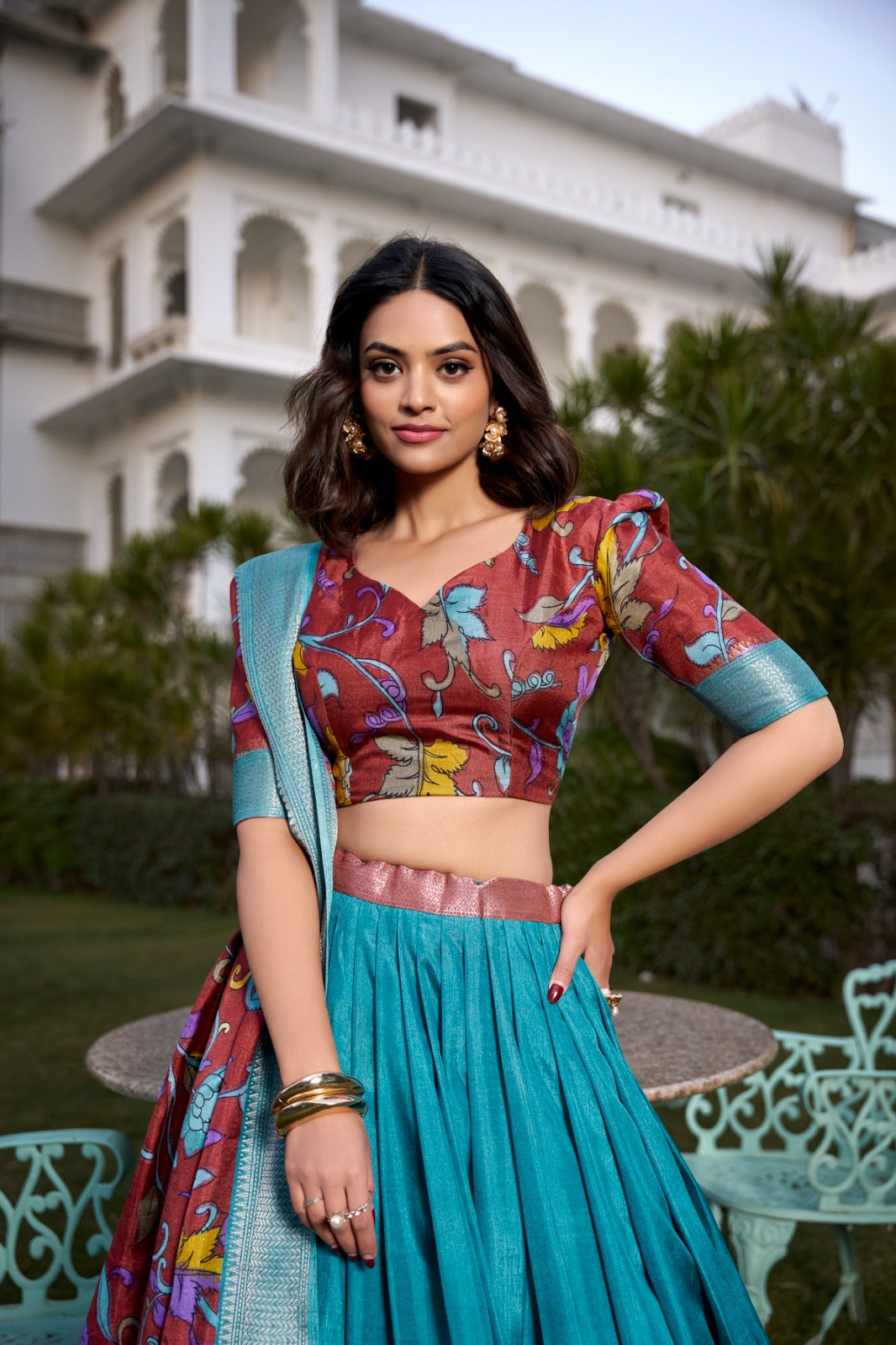 Complete Ethnic Look with Floral Print Tusser Silk Lehenga and Tassels