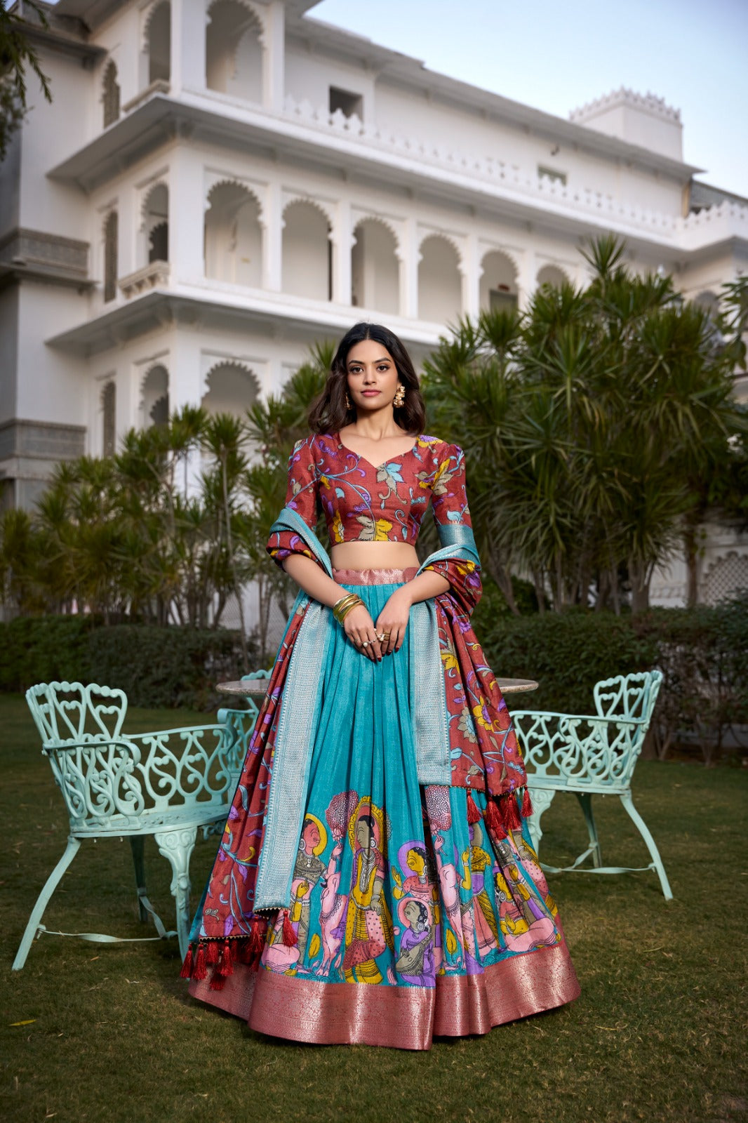 Complete Ethnic Look with Floral Print Tusser Silk Lehenga and Tassels
