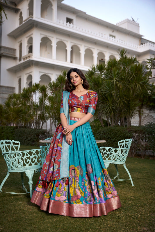 Complete Ethnic Look with Floral Print Tusser Silk Lehenga and Tassels