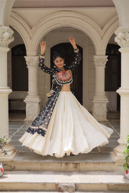 A Designer Bandhani Print Kurti with Kora Cotton Lehenga |