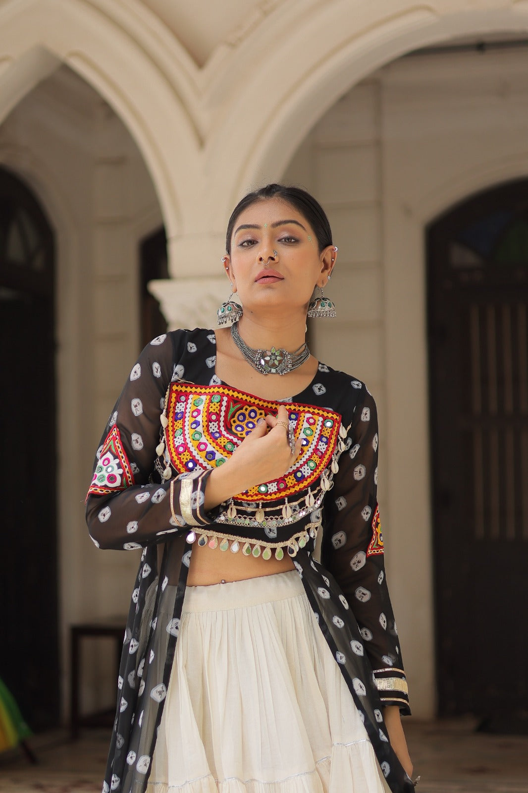 A Designer Bandhani Print Kurti with Kora Cotton Lehenga |