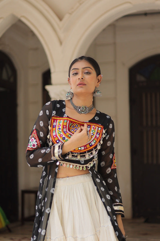 A Designer Bandhani Print Kurti with Kora Cotton Lehenga |