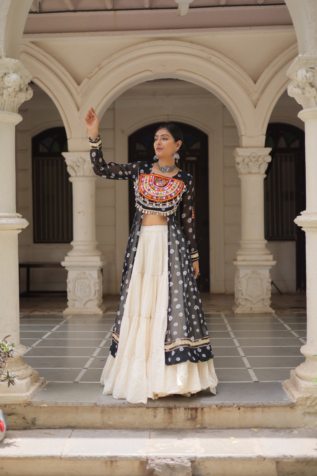 A Designer Bandhani Print Kurti with Kora Cotton Lehenga |