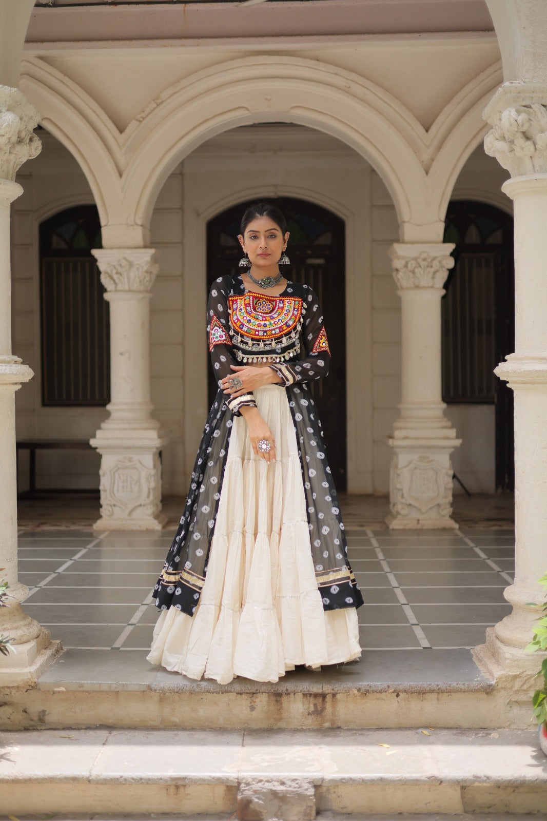 A Designer Bandhani Print Kurti with Kora Cotton Lehenga |