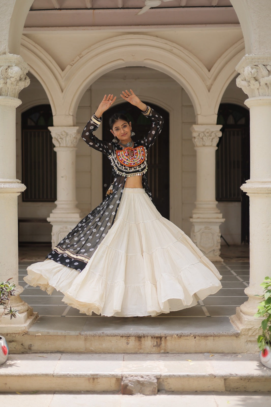 A Designer Bandhani Print Kurti with Kora Cotton Lehenga |