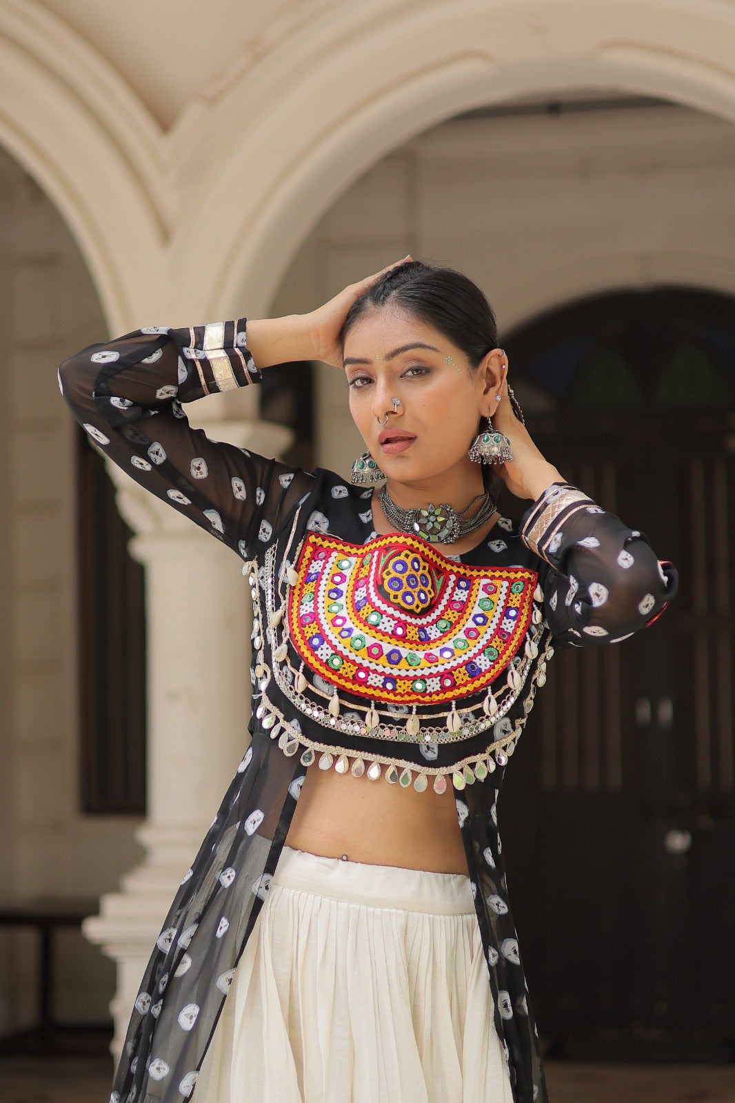 A Designer Bandhani Print Kurti with Kora Cotton Lehenga |