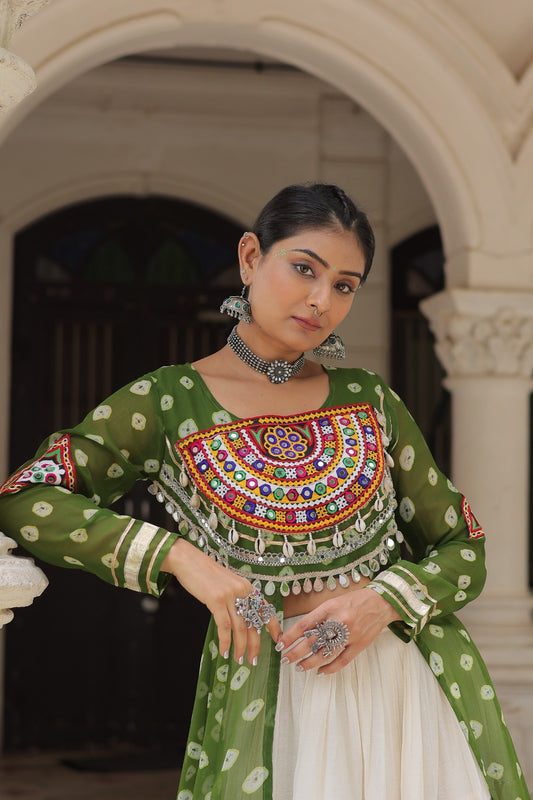 A Designer Bandhani Print Kurti with Kora Cotton Lehenga