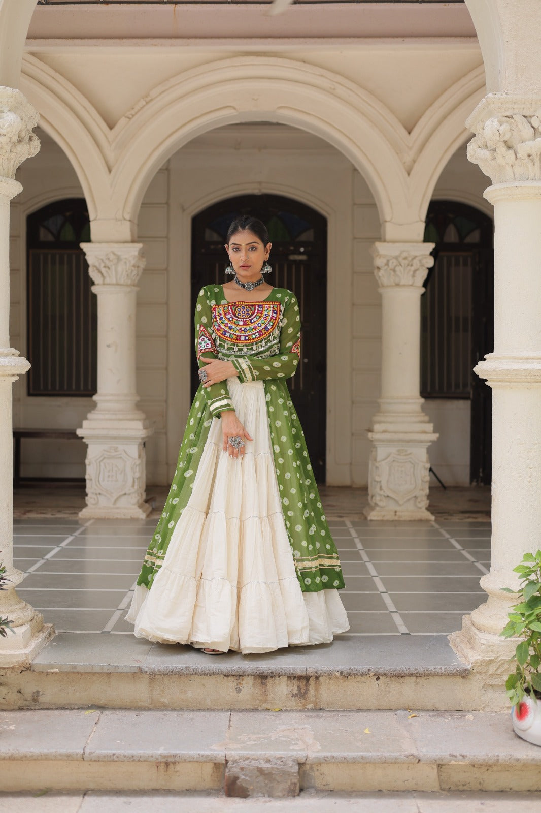A Designer Bandhani Print Kurti with Kora Cotton Lehenga