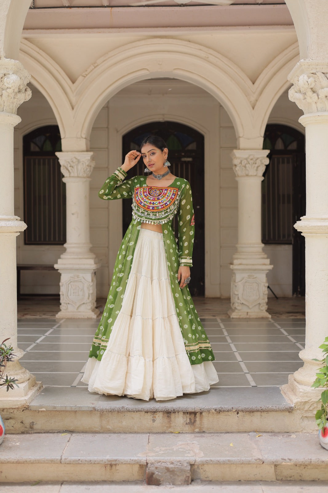 A Designer Bandhani Print Kurti with Kora Cotton Lehenga
