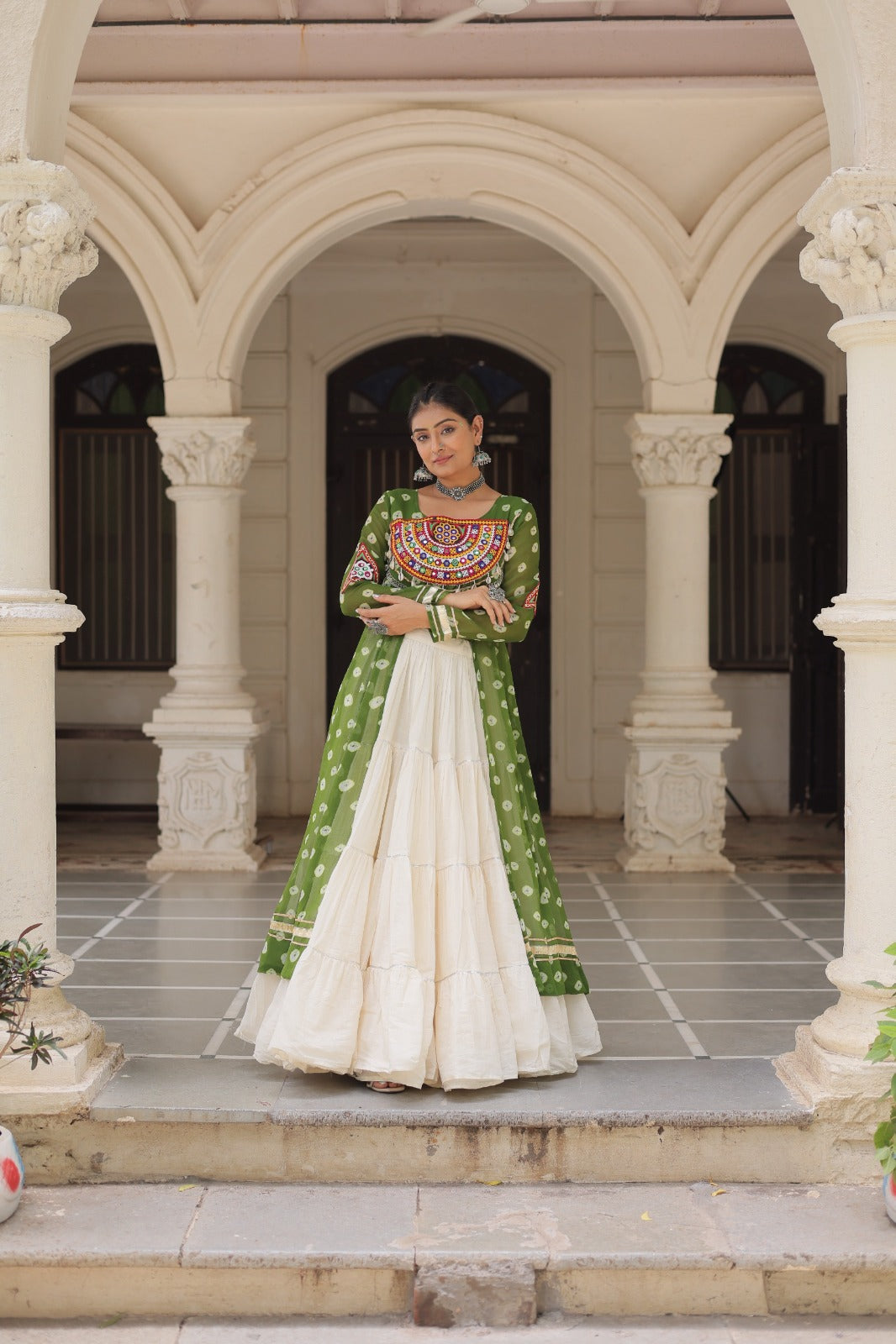 A Designer Bandhani Print Kurti with Kora Cotton Lehenga