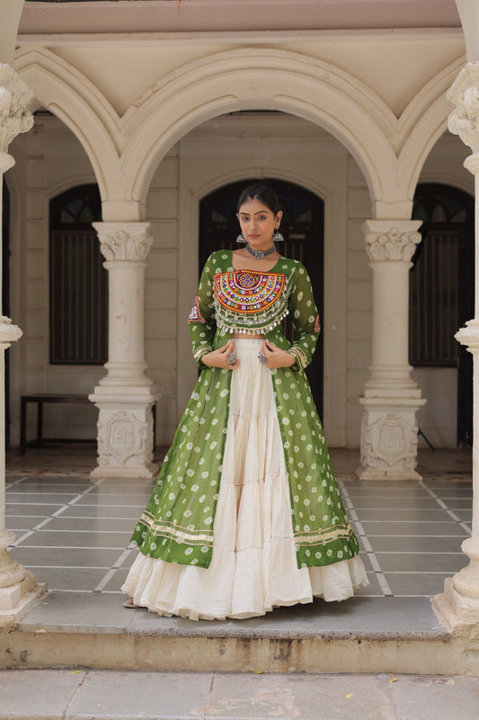A Designer Bandhani Print Kurti with Kora Cotton Lehenga