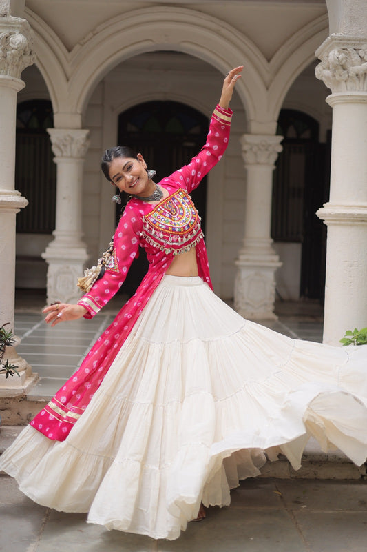 A Designer Bandhani Print Kurti with Kora Cotton Lehenga