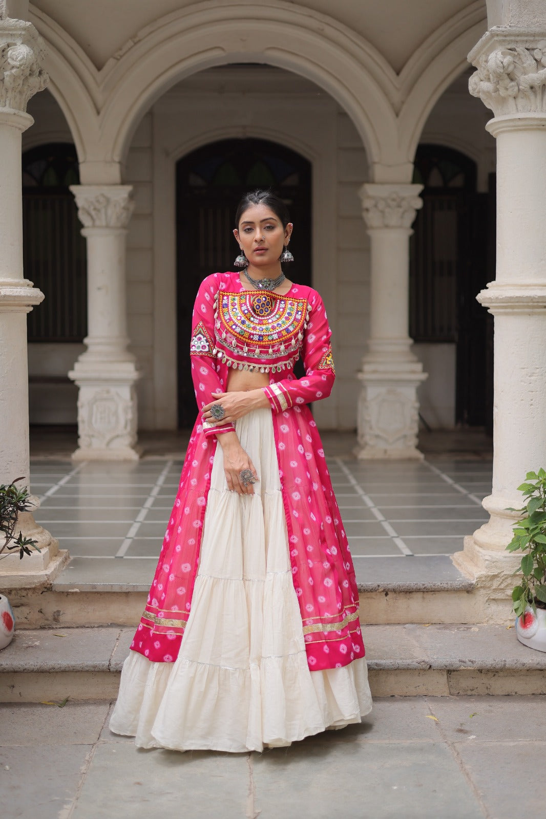 A Designer Bandhani Print Kurti with Kora Cotton Lehenga