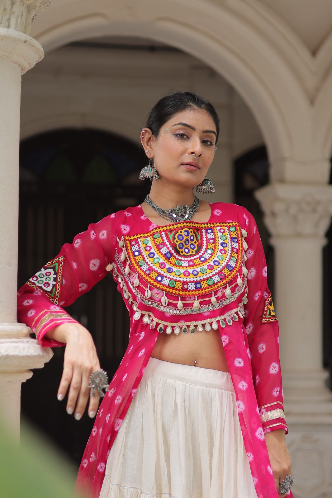 A Designer Bandhani Print Kurti with Kora Cotton Lehenga