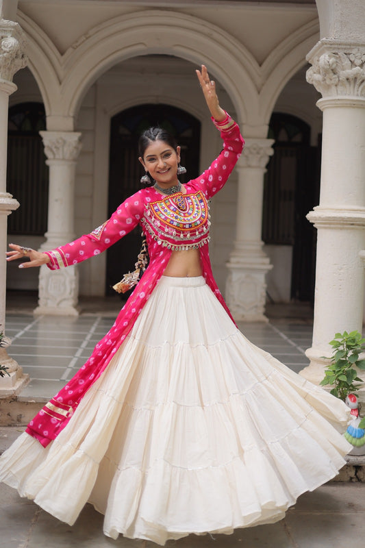 A Designer Bandhani Print Kurti with Kora Cotton Lehenga