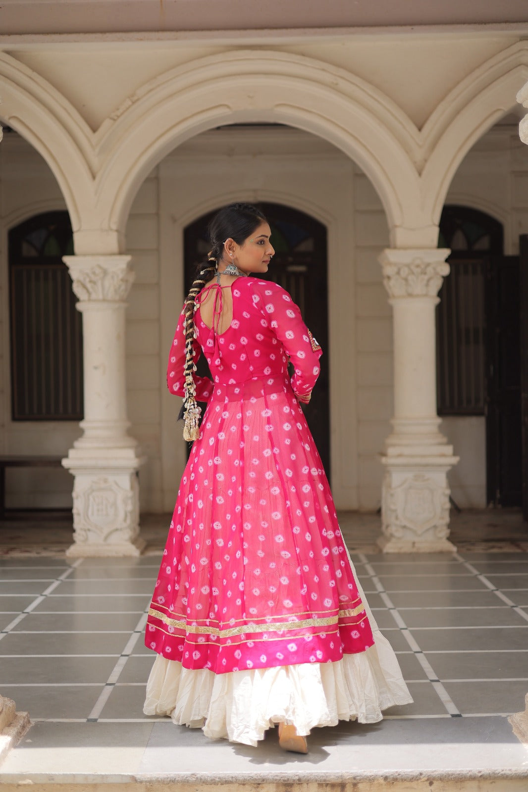A Designer Bandhani Print Kurti with Kora Cotton Lehenga