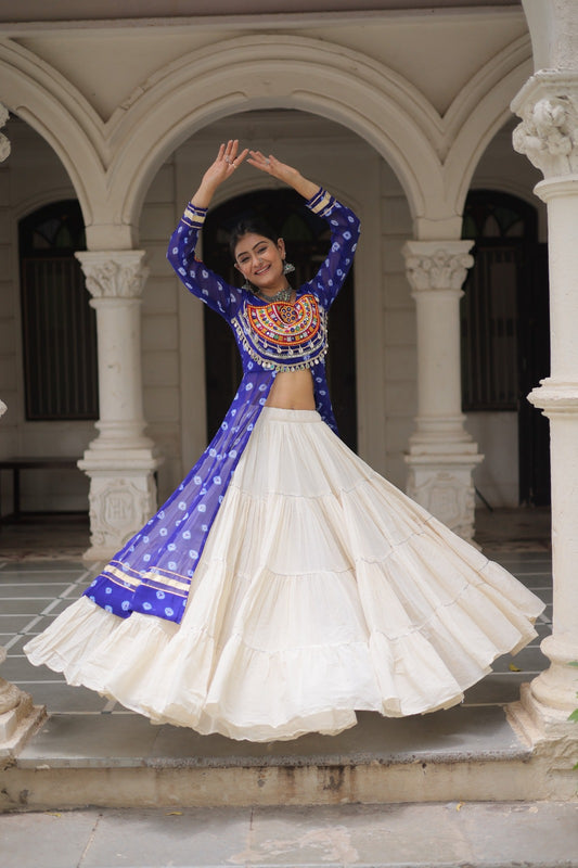 A Designer Bandhani Print Kurti with Kora Cotton Lehenga