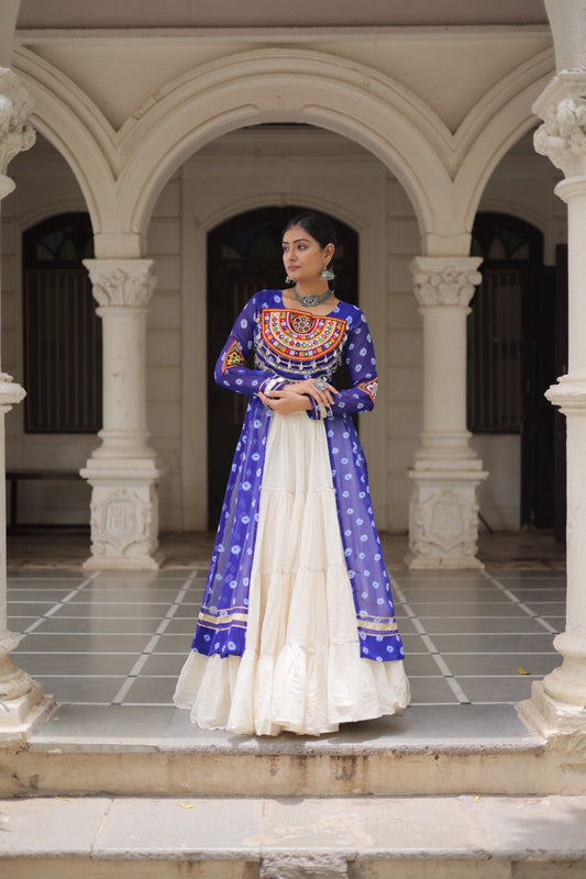 A Designer Bandhani Print Kurti with Kora Cotton Lehenga