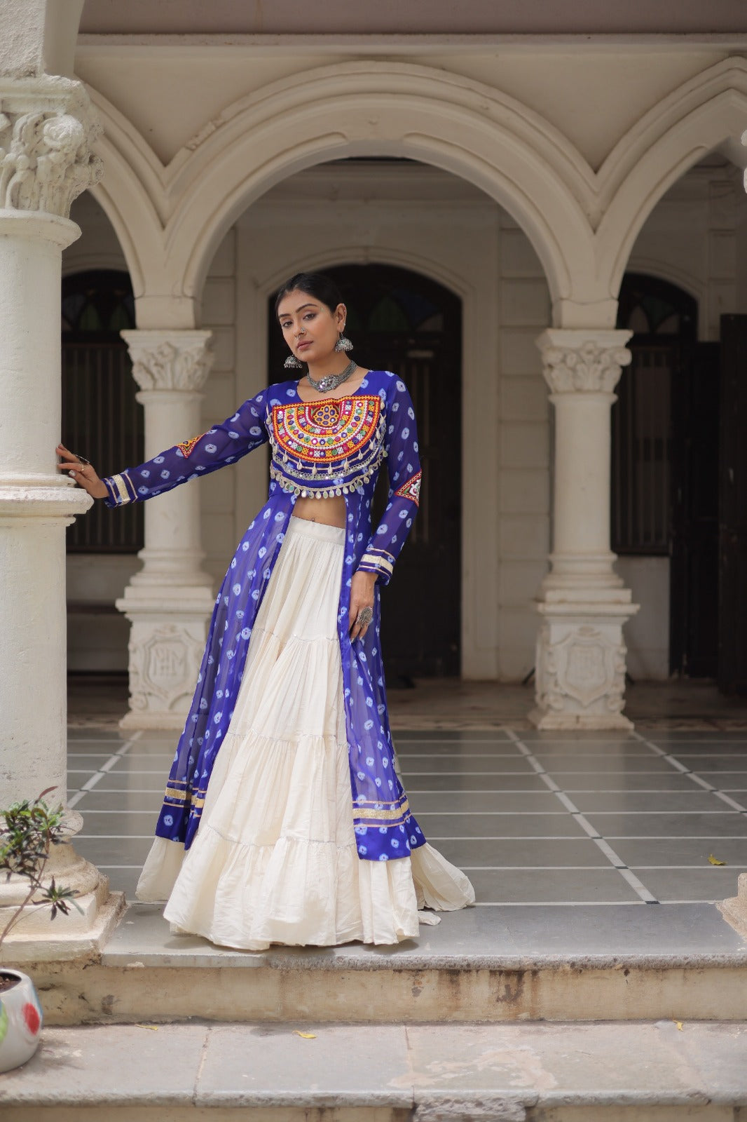 A Designer Bandhani Print Kurti with Kora Cotton Lehenga