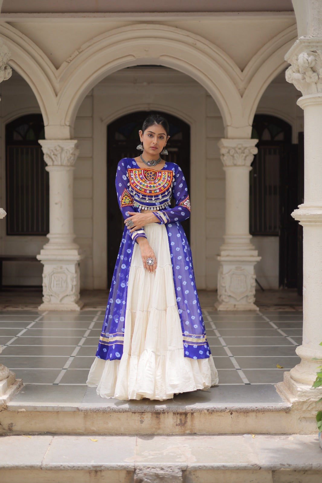 A Designer Bandhani Print Kurti with Kora Cotton Lehenga
