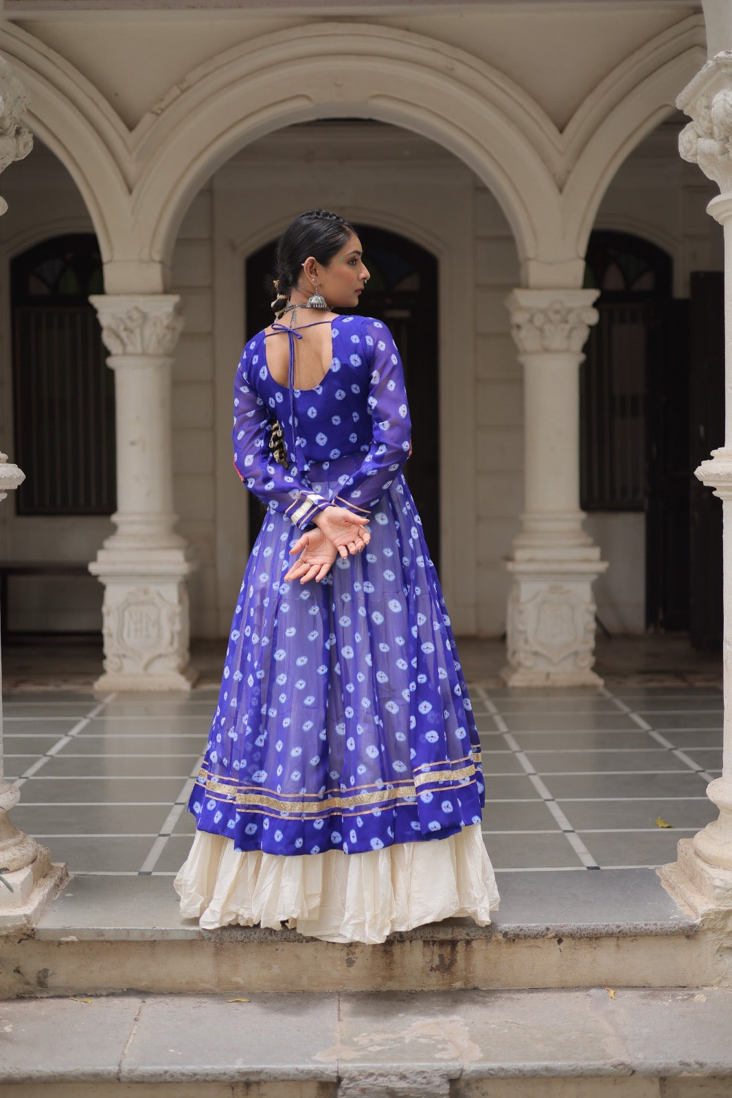 A Designer Bandhani Print Kurti with Kora Cotton Lehenga